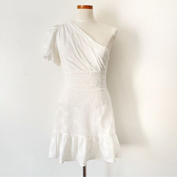Urban Outfitters White Claire One Shoulder Eyelet Mini Dress NWOT Medium - Picture 1 of 7